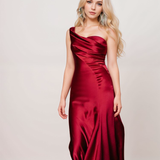 Sexy one shoulder pleated bodice mermaid silky satin prom dress