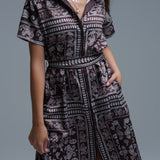 Short Sleeve Paisley Print Shirt Dress in brown