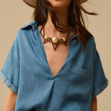 Short Sleeve Tencel Shirt With Chest Pocket in Blue