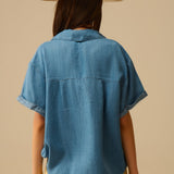 Short Sleeve Tencel Shirt With Chest Pocket in Blue