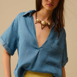 Short Sleeve Tencel Shirt With Chest Pocket in Blue