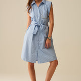 Sleeveless Shirt Dress With Belt And Embroidered Pocket