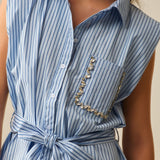 Sleeveless Shirt Dress With Belt And Embroidered Pocket