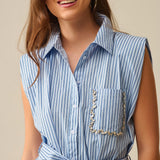 Sleeveless Shirt Dress With Belt And Embroidered Pocket