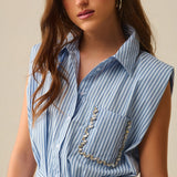 Sleeveless Shirt Dress With Belt And Embroidered Pocket