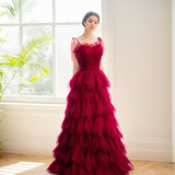 Spaghetti-straps Pleated bodice Ruffle Layered tutu soft tulle prom dress