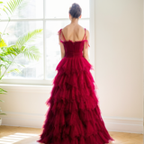 Spaghetti-straps Pleated bodice Ruffle Layered tutu soft tulle prom dress