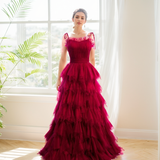 Spaghetti-straps Pleated bodice Ruffle Layered tutu soft tulle prom dress