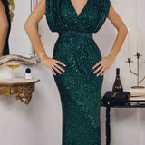 Amoris T101 Greek Style Long Sequin V-Neckline Gown