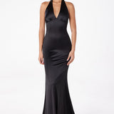 Astee T2001 Fitted Long V-Neckline Halter Top Evening Gown