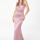 Astee T2001 Fitted Long V-Neckline Halter Top Evening Gown