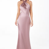 Astee T2005 Fitted Sleek Twisted Halter Top Satin Mermaid Gown