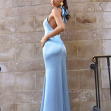 Astee T2005 Fitted Sleek Twisted Halter Top Satin Mermaid Gown