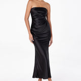 Astee T2006 Tea Length Satin Dress Cut Out Cowl-Like Back