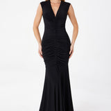 Astee T2009 Long V-Neckline Ruched Mermaid Gown