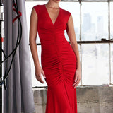 Astee T2009 Long V-Neckline Ruched Mermaid Gown