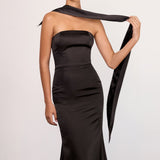 Astee T2012 Strapless Fitted Mermaid Gown with Scarf