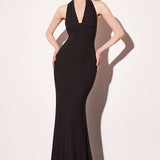 Astee T501 Long Halter V-Neckline Fitted Open Back Evening Gown