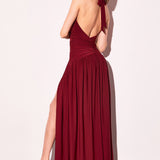 Astee T502 Halter Top V-Neckline Evening Gown with Leg Slit
