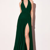 Astee T502 Halter Top V-Neckline Evening Gown with Leg Slit