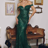 Amoris T613 Fitted Off the Shoulder Sequin Lace Sweep Train Gown