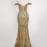 Amoris T613 Fitted Off the Shoulder Sequin Lace Sweep Train Gown