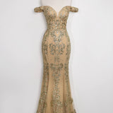 Amoris T613 Fitted Off the Shoulder Sequin Lace Sweep Train Gown