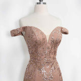 Amoris T613 Fitted Off the Shoulder Sequin Lace Sweep Train Gown
