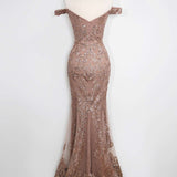 Amoris T613 Fitted Off the Shoulder Sequin Lace Sweep Train Gown