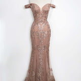 Amoris T613 Fitted Off the Shoulder Sequin Lace Sweep Train Gown