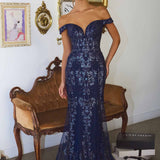 Amoris T613 Fitted Off the Shoulder Sequin Lace Sweep Train Gown
