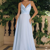 Amoris T714 Spaghetti Strap Draped Cowl Neck A-Line Dress