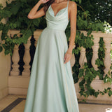 Amoris T714 Spaghetti Strap Draped Cowl Neck A-Line Dress