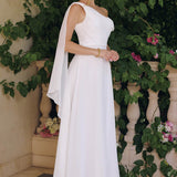 Amoris T716W One Shoulder Chiffon A-Line Off White Evening Dress