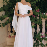 Amoris T716W One Shoulder Chiffon A-Line Off White Evening Dress