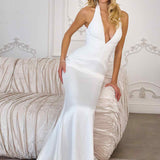Amoris T720W Halter Satin Sleek Floor Length Satin Bridal Gown