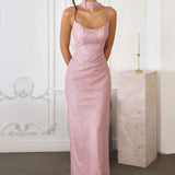 Amoris T725 Long Fitted Shimmering Lace Gown Spaghetti Straps