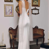 Amoris T729W Sleek Satin Adjustable Straps Fitted Off White Gown