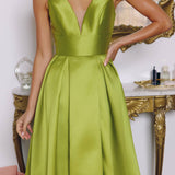 Amoris T814 Long V-Neckline A-Line Satin Dress with Pockets