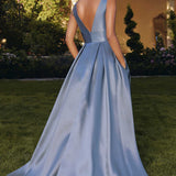 Amoris T814 Long V-Neckline A-Line Satin Dress with Pockets