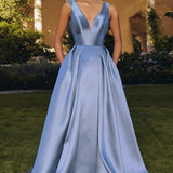 Amoris T814 Long V-Neckline A-Line Satin Dress with Pockets