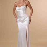 Amoris T815W Fitted Sultry Stretch Satin Bustier Bodice Off White Dress