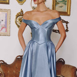 Amoris T821 Off Shoulder Sweetheart Neck Satin A-Line Dress