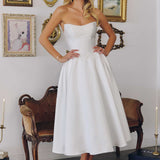 Amoris T822W Elegant Mikado Midi Strapless Wedding Reception Gown