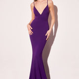 Astee T905 Long V-Neckline Open Back Fitted Evening Gown