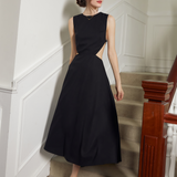 Timeless Elegance Backless Satin Midi Dress with Intricate Cutout