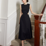 Timeless Elegance Backless Satin Midi Dress with Intricate Cutout