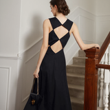 Timeless Elegance Backless Satin Midi Dress with Intricate Cutout