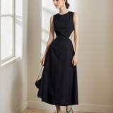 Timeless Elegance Backless Satin Midi Dress with Intricate Cutout