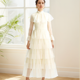 Vintage high neck Layered Ruffle tutu Skirt tulle prom dress with sleeves